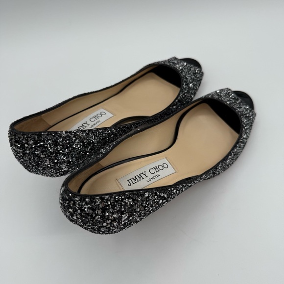 Jimmy Choo ISABEL COARSE GLITTER FABRIC SILVER-BLACK  Peep Toes Pumps SZ 36.5 - Picture 12 of 17